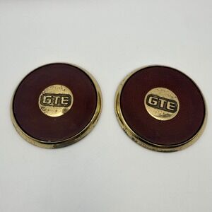 Vintage GTE Logo Coasters Set of 2 Gold Tone Burgundy Faux Leather Cork Backed